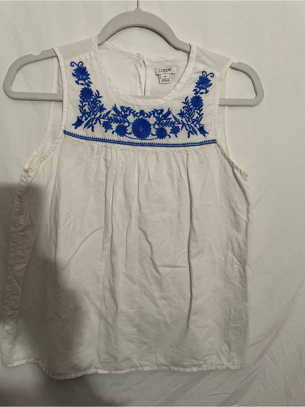 J. Crew White Sleeveless Top with Blue Embroidered Yoke